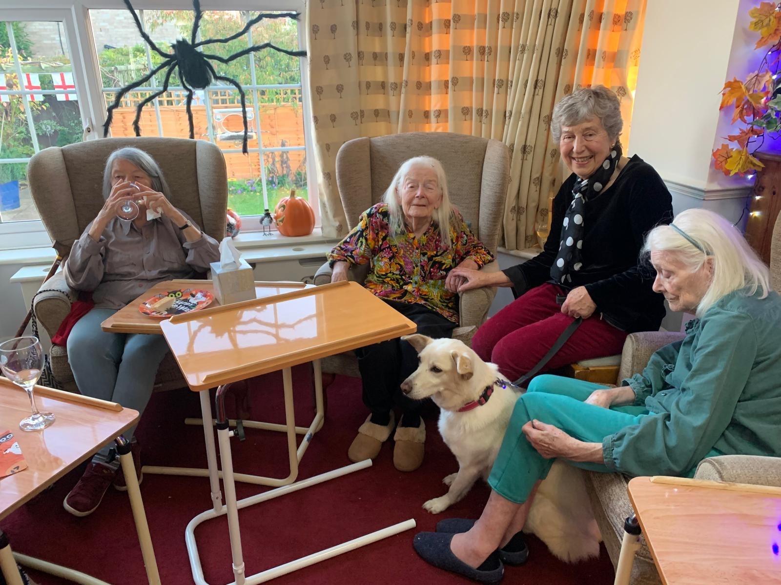 A few residents and relatives with a dog at the Halloween party.