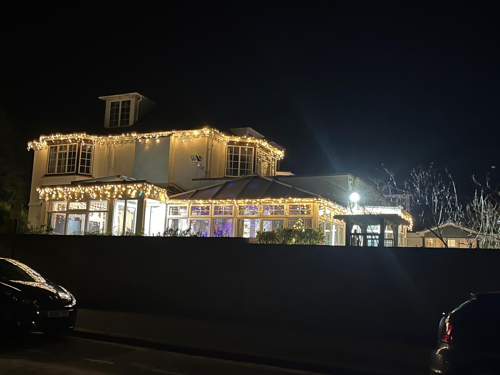 St Andrew's Care Home during the night, decorated with Christmas lights
