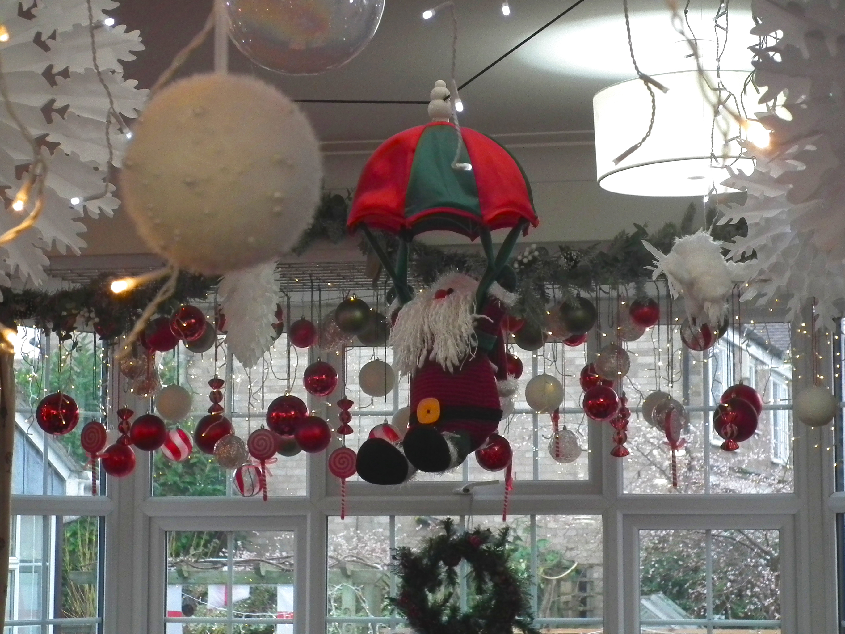 Close-up photo of one of the decorations, a Father Christmas with a festive parachute
